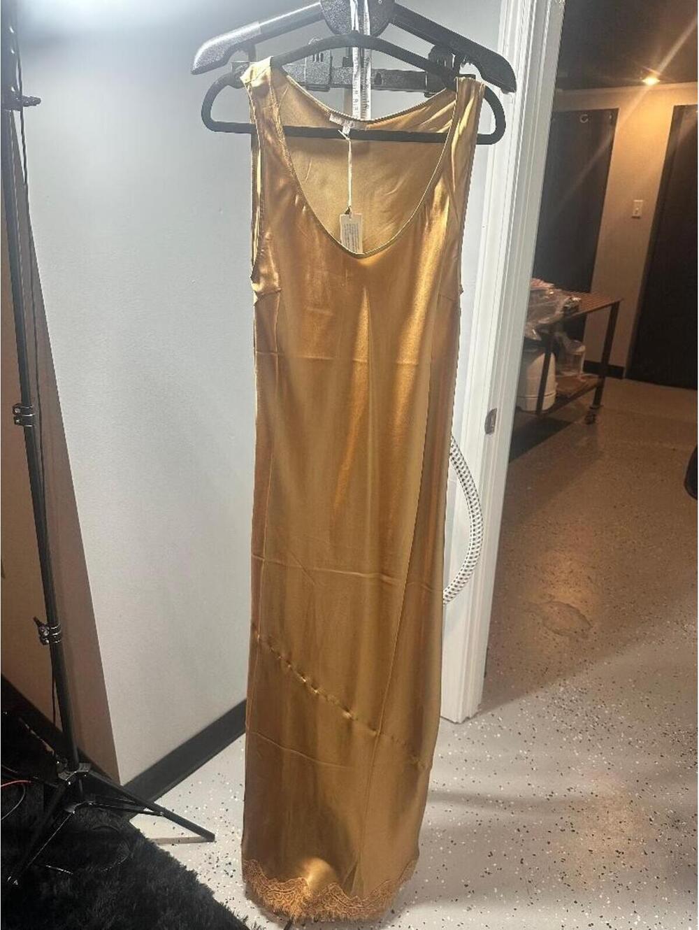Gold Hawk Silk Slip Dress M Autumn Camel Bias Cut Lace Trim Designer NWT - Picture 2 of 7
